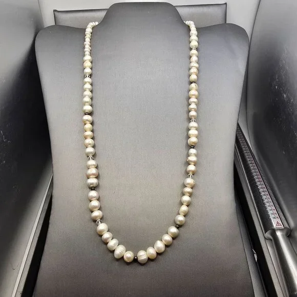 VTG White Graduated Baroque Pearl Necklace 22" Sterling Toggle Crystal Accents - Picture 2 of 13